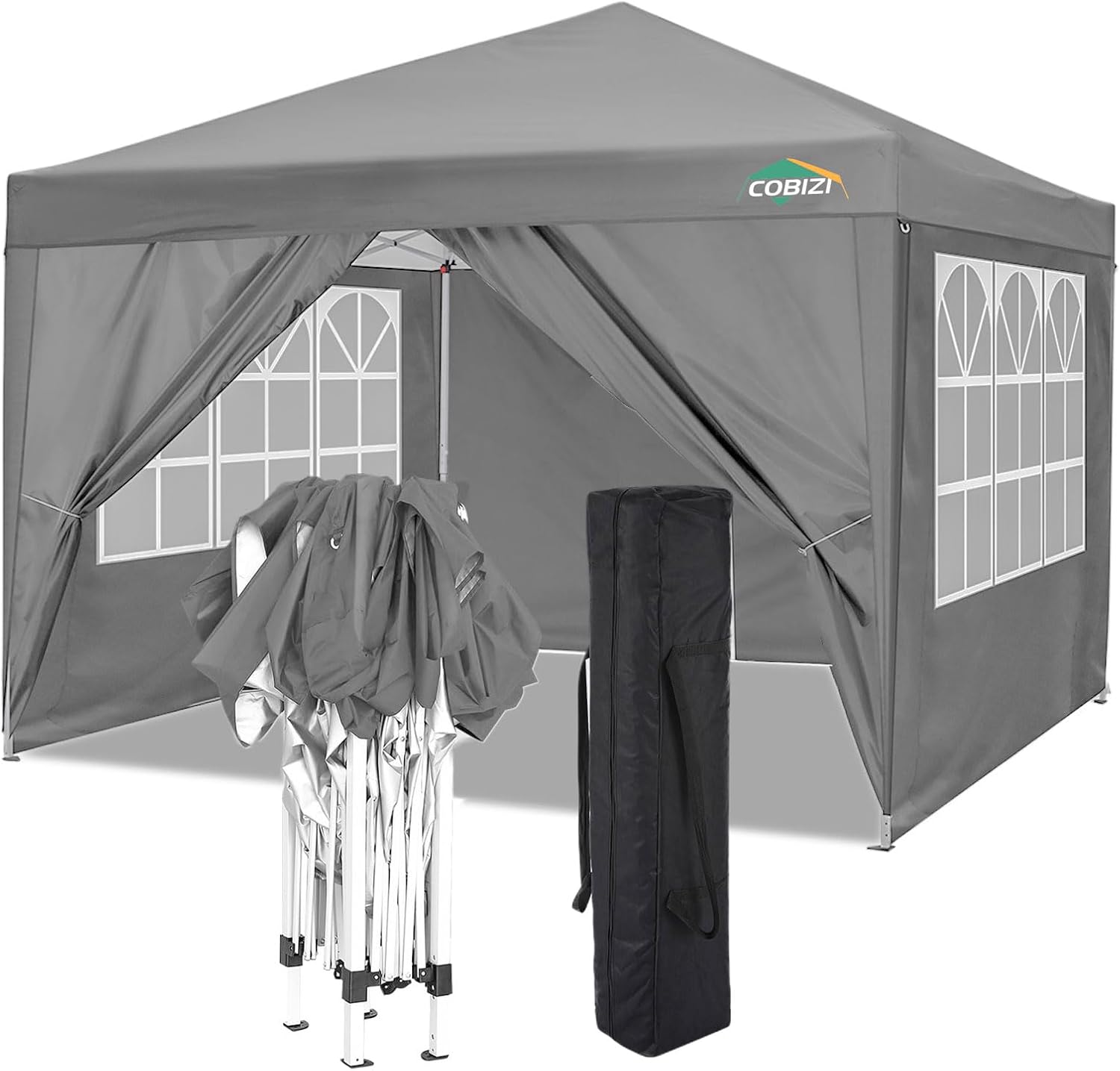 COBIZI 10x10 Pop Up Canopy Tent with 4 Sidewalls Party Tents for Parties Weddings Backyard Waterproof Commercial Instant Outdoor Events Tent with Stakes, Ropes（10 x 10 ft Gray