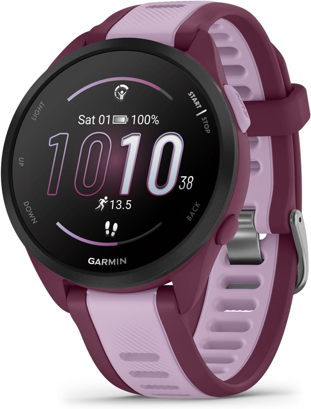 Garmin Forerunner 165 Music Running Smartwatch, Colorful AMOLED Touchscreen, Training Metrics and Recovery Insights Includes PowerPack +Adapters Bundle, Berry/Lilac