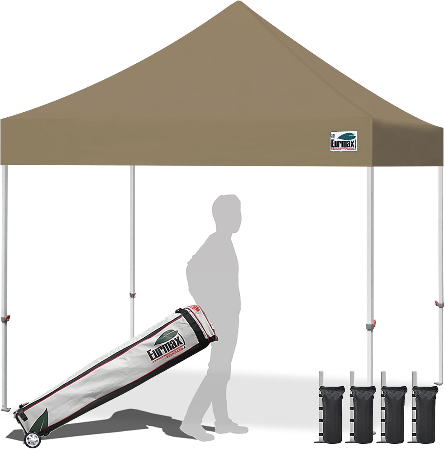 Eurmax USA 10x10ft Pop Up Canopy,Commercial Instant Tent for Outdoor Events,Patented No-Tip Rolling Storage Bag with 4 Sandbags,UV & Water Resistant,Heavy Duty Portable Shelter Gazebo,Khaki