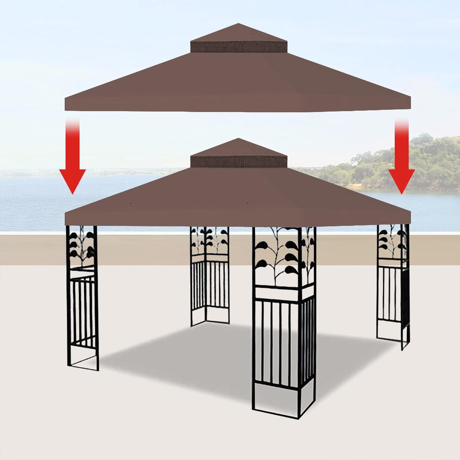 10x10 Ft Gazebo Canopy Replacement Cover, Double Tiered Gazebo Replacement Top (Coffee)