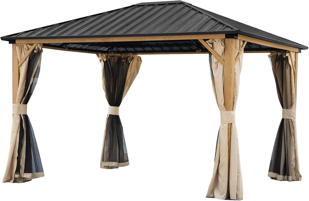 Aoodor 10 x 12 ft. Outdoor Hardtop Gazebo, Wooden Finish Coated Aluminum Frame Gazebo with Curtains and Mosquito Nettings for Patio, Garden, Backyard