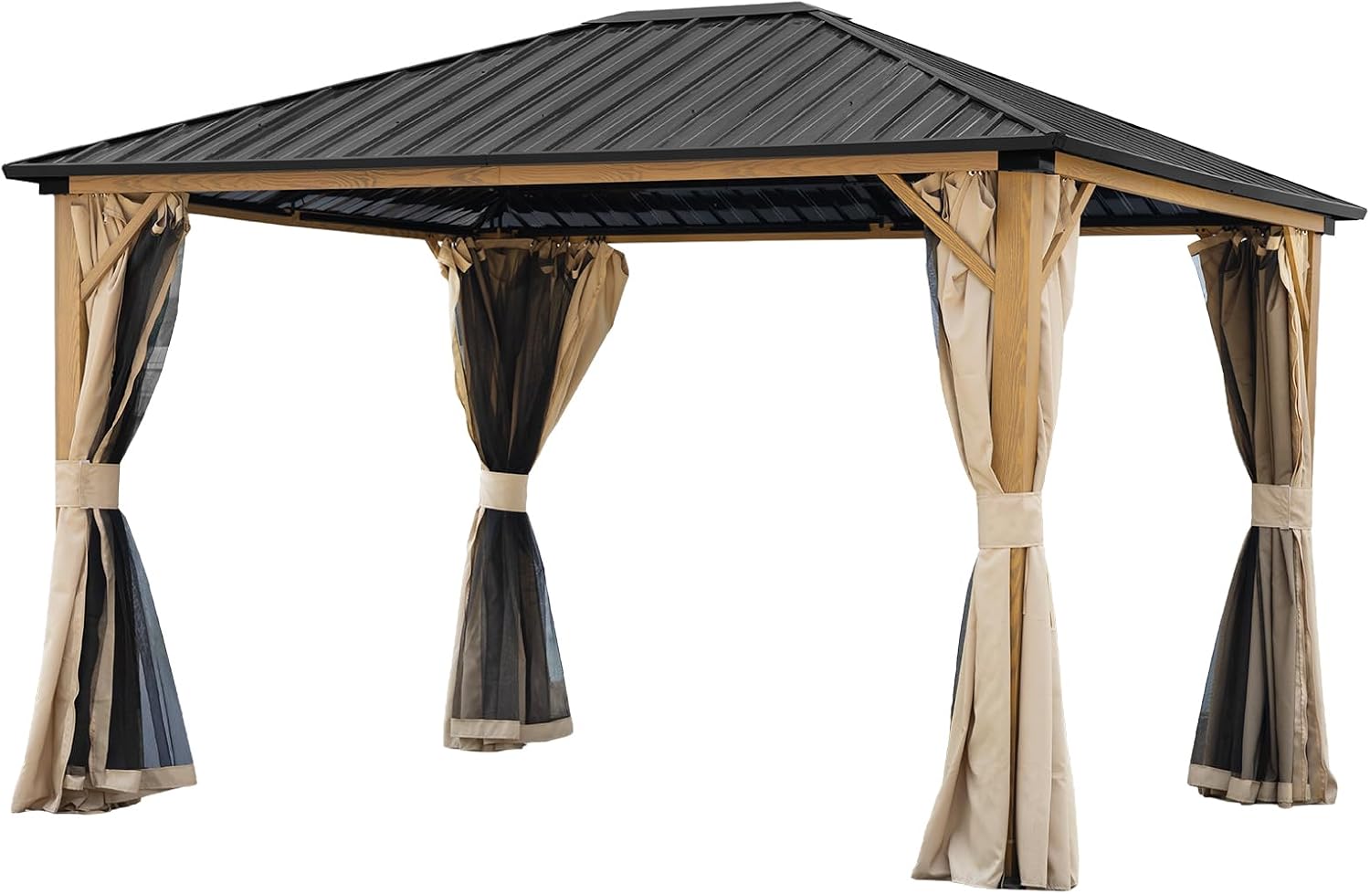 Aoodor 10 x 12 ft. Outdoor Hardtop Gazebo, Wooden Finish Coated Aluminum Frame Gazebo with Curtains and Mosquito Nettings for Patio, Garden, Backyard