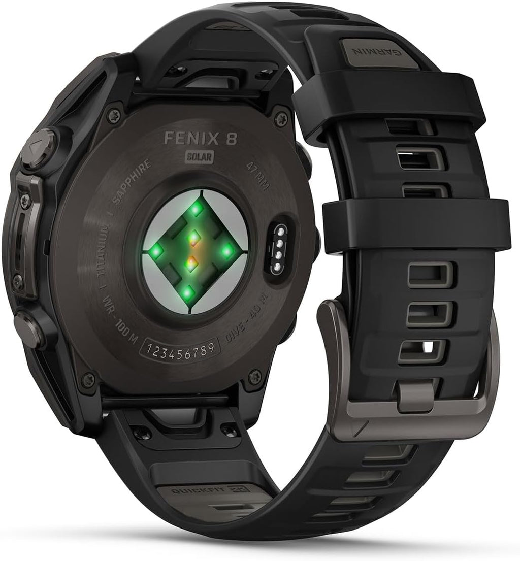 Garmin Fenix 8 Solar Sapphire (47mm, Carbon Gray DLC Titanium) Multisport GPS Smartwatch Gift Box Bundle - 1.4' Touchscreen, LED Flashlight with PlayBetter Charger, Screens, Adapter, Case