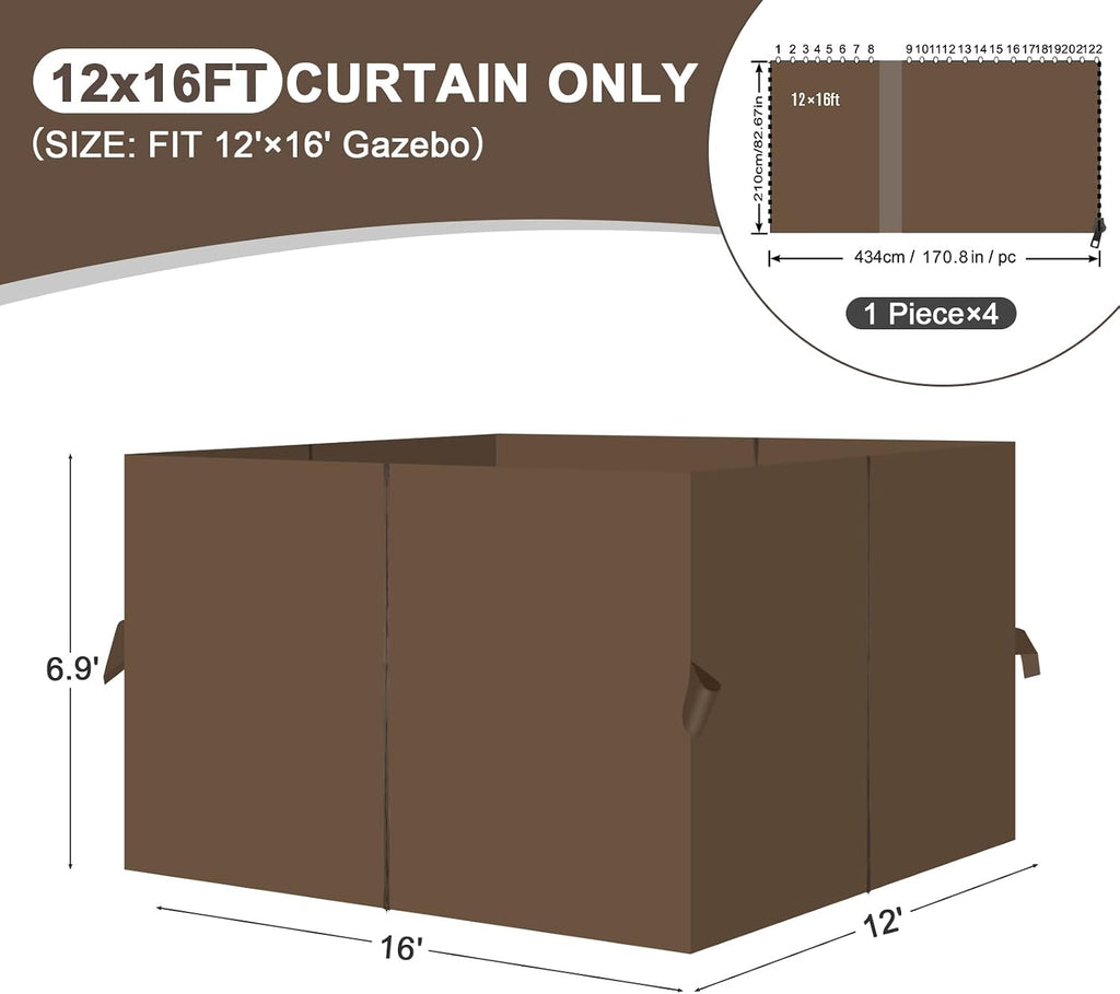 Aoodor 12x16 ft Outdoor Gazebo Curtains, 4 Panels Waterproof Privacy Sidewall Replacement with Zipper for Patio Pergola and Canopy, Brown