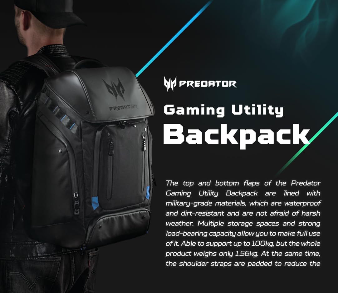 Acer PBG591 Predator Utility Gaming Backpack, Water Resistant and Tear Proof Travel Backpack Fits and Protects Up to 17.3' Predator Gaming Laptop, Black with Teal Accents