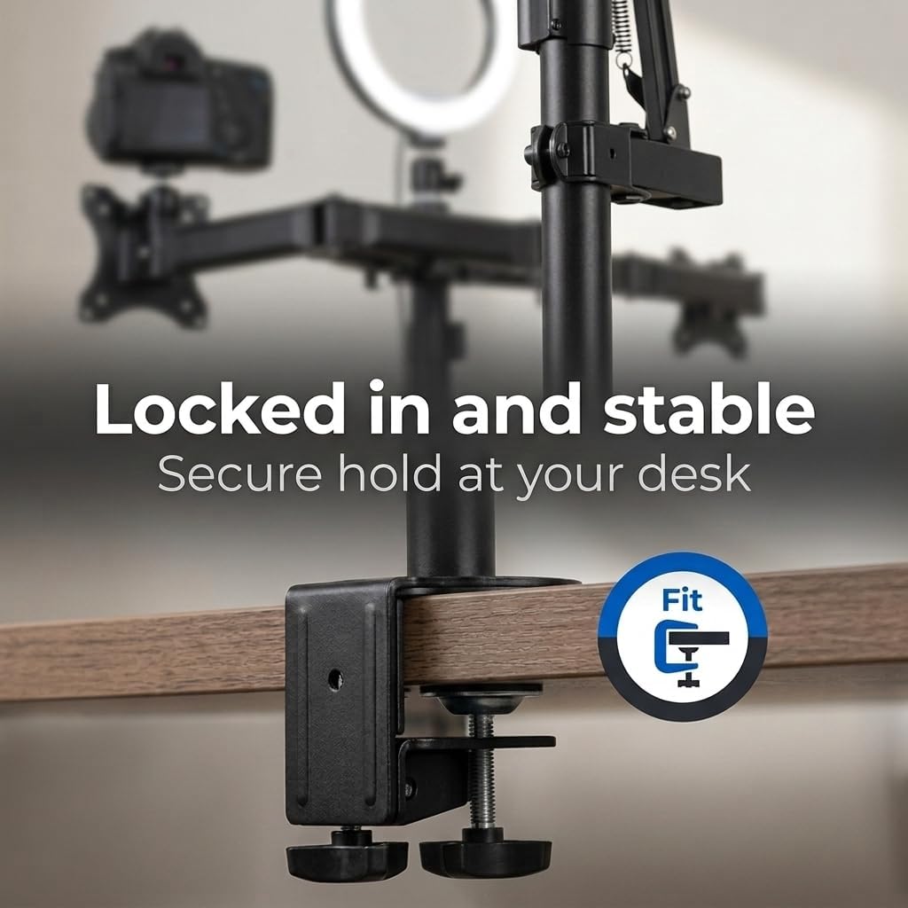 Mount-It! All in One Live Streaming Equipment - 5 Arm Desk Mount - Holds Dual Monitors, Cameras, Ring Light with Mic Desktop Stand Set, YouTube Setup for Podcasting, Gaming, Zoom, Clamp/Grommet Base