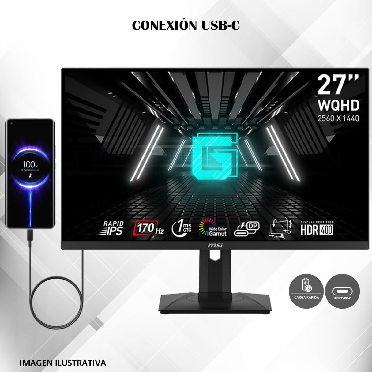 MSI G274QPF, 27' Gaming Monitor • 2560 x 1440 (2K WQHD) • Rapid IPS • 1ms • 170Hz • G-Sync Compatible • HDR 400 • USB-C • HDMI • Displayport • Tilt • Swivel • Height Adjustable • Pivot