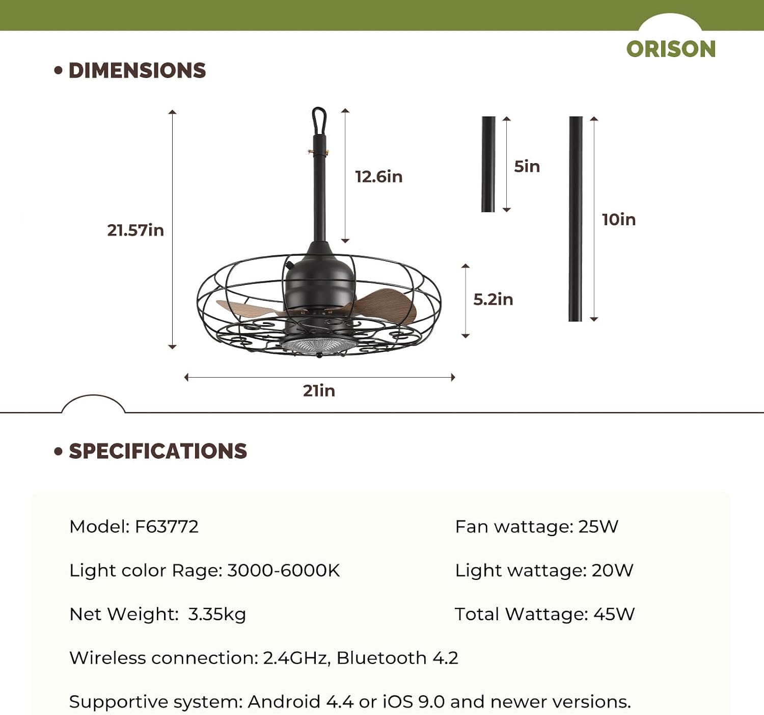 Orison Outdoor Ceiling Fans with Light, 21'' Wet Rated Outdoor Hanging Fan for Gazebo, Plug in Caged Lighting for Pergola Canopy, Hanging with Hook, 3 Color LED Light, Waterproof