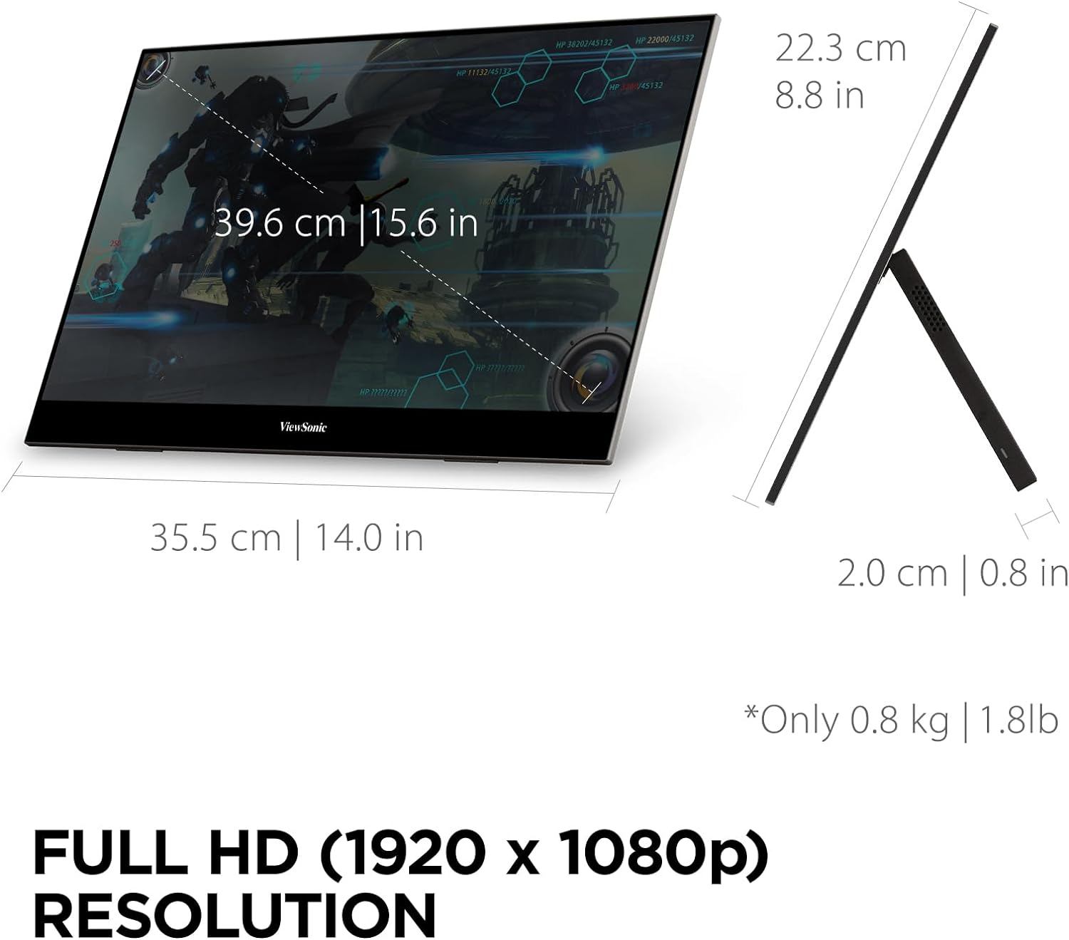 ViewSonic VX1655 15.6 Inch 1080p Portable Monitor, IPS Display for Comfortable Mobile Workspaces and Second Screen Productivity, Built-in Stand, 60W USB-C, and Mini HDMI Inputs