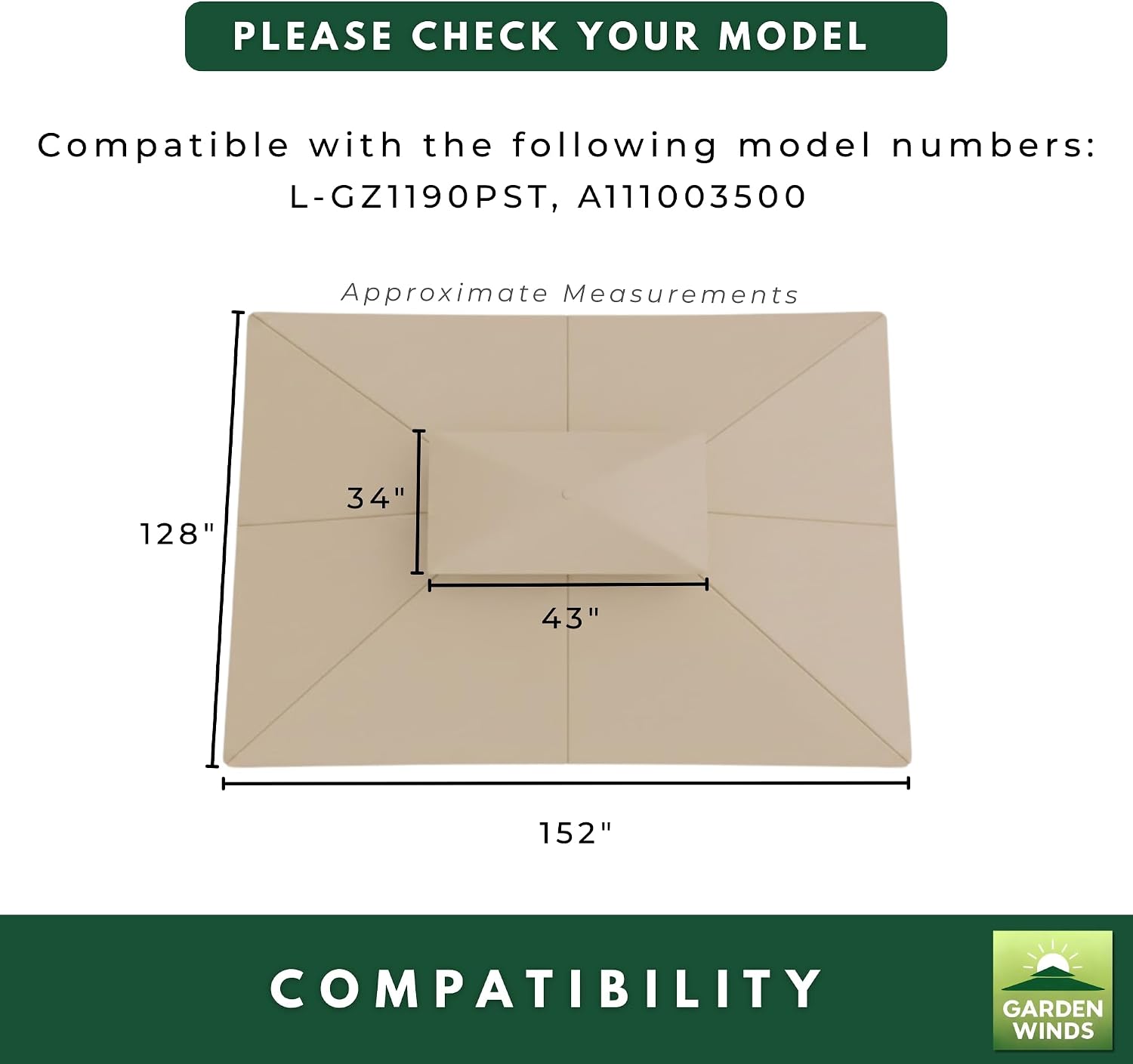 Garden Winds Reinforced RipLock 350 Replacement Canopy Top Cover Compatible with Augusta 10' x 12' Gazebo Models L-GZ1190PST, A111003500 - Beige