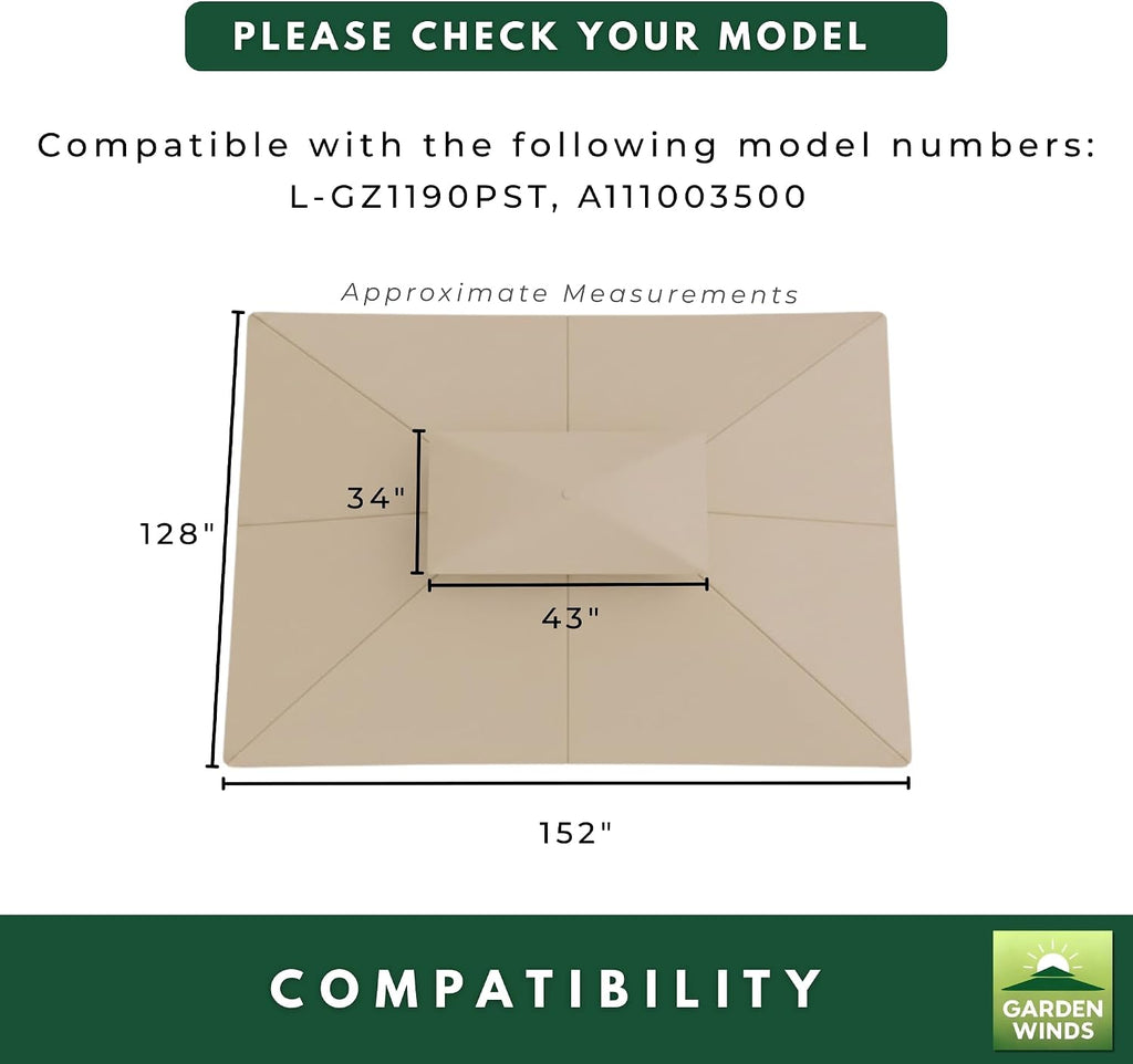 Garden Winds Reinforced RipLock 350 Replacement Canopy Top Cover Compatible with Augusta 10' x 12' Gazebo Models L-GZ1190PST, A111003500 - Green