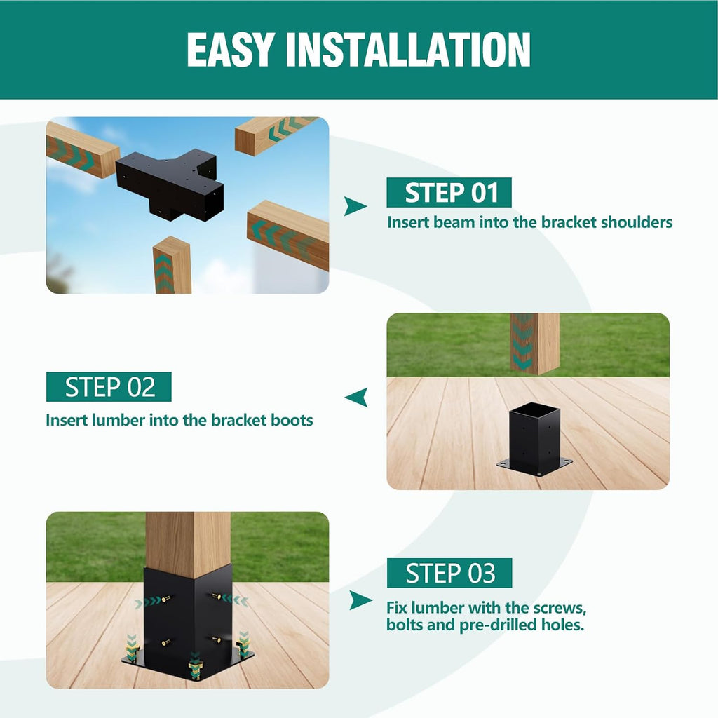 HAYOHRT Pergola Brackets, Woodworks Pergola Kit 4PC 3-Way Corner Bracket & 2PC 4-Way Bracket & 4PC Post Base for 4x4'' (Actual: 3.5x3.5'') Wood Beams Elevated Wood Stand Kit Pergola/Gazebo Kit