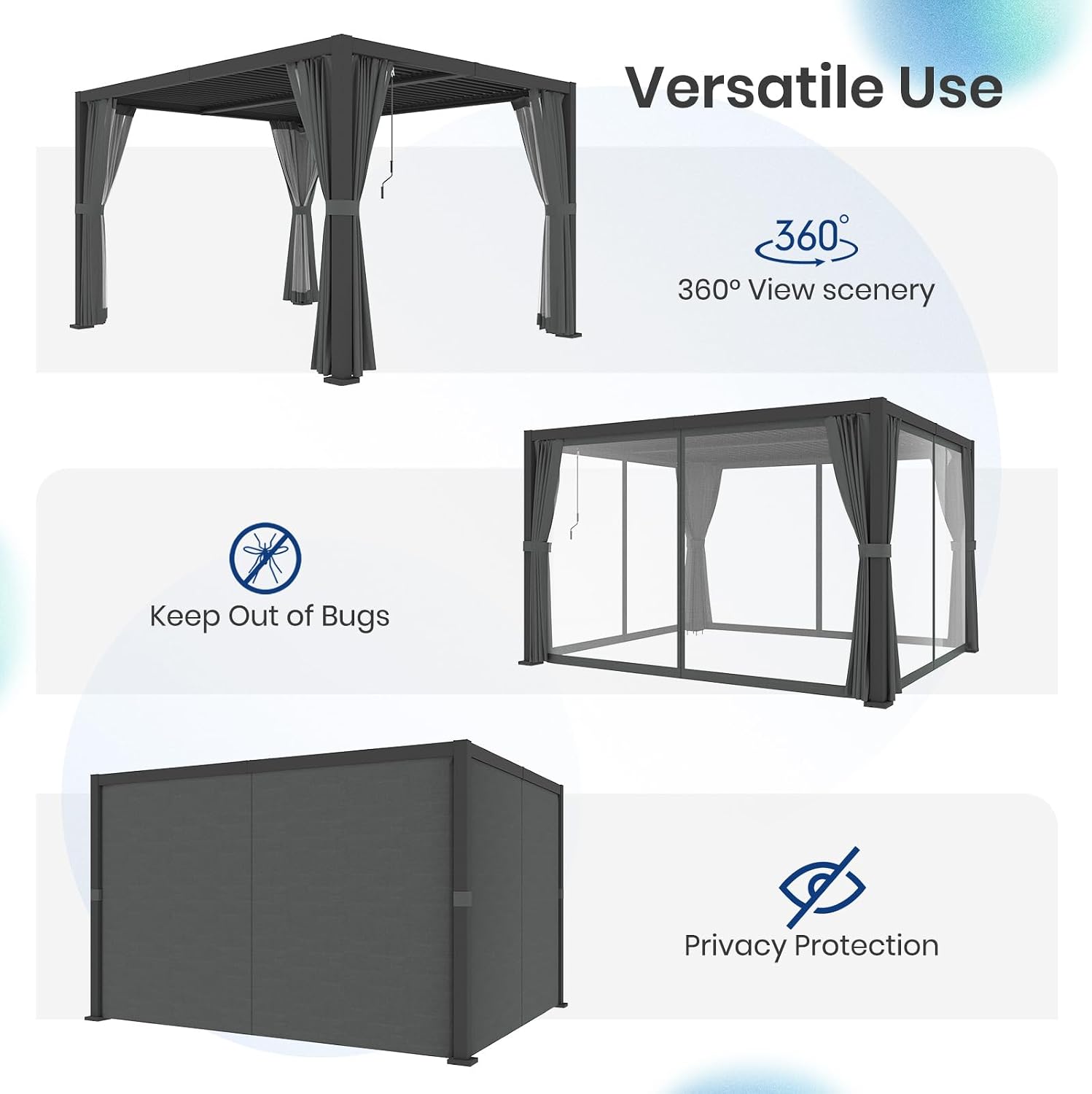 10'×12' Outdoor Louvered Pergola, Aluminum Outdoor Louvered Pergola Patio with Adjustable Roof for Outdoor Deck, Backyard, Garden (10x12FT with Curtain)