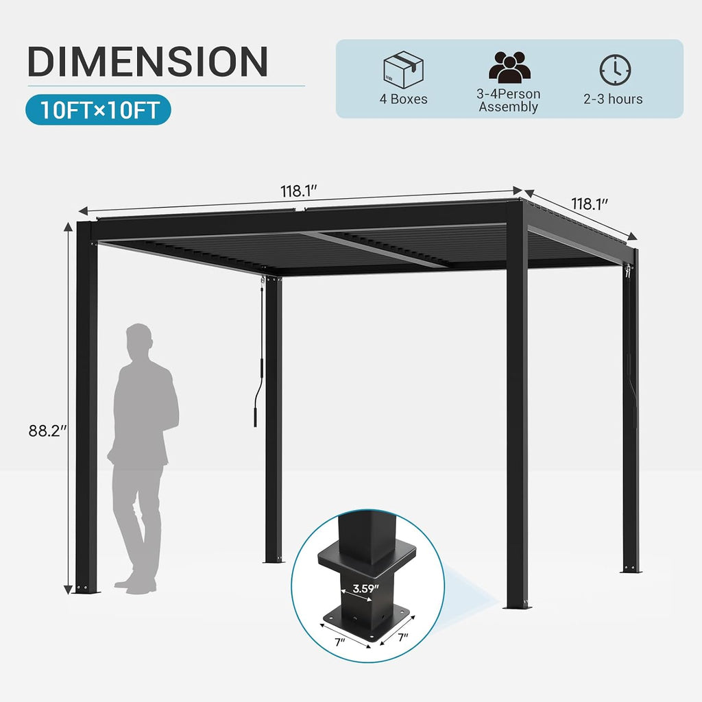 LVUYOYO Outdoor Louvered Pergola 10' x 10', Aluminum Pergola with Adjustable Roof, Waterproof Metal Gazebo for Patio, Backyard, Garden, Deck (Black)