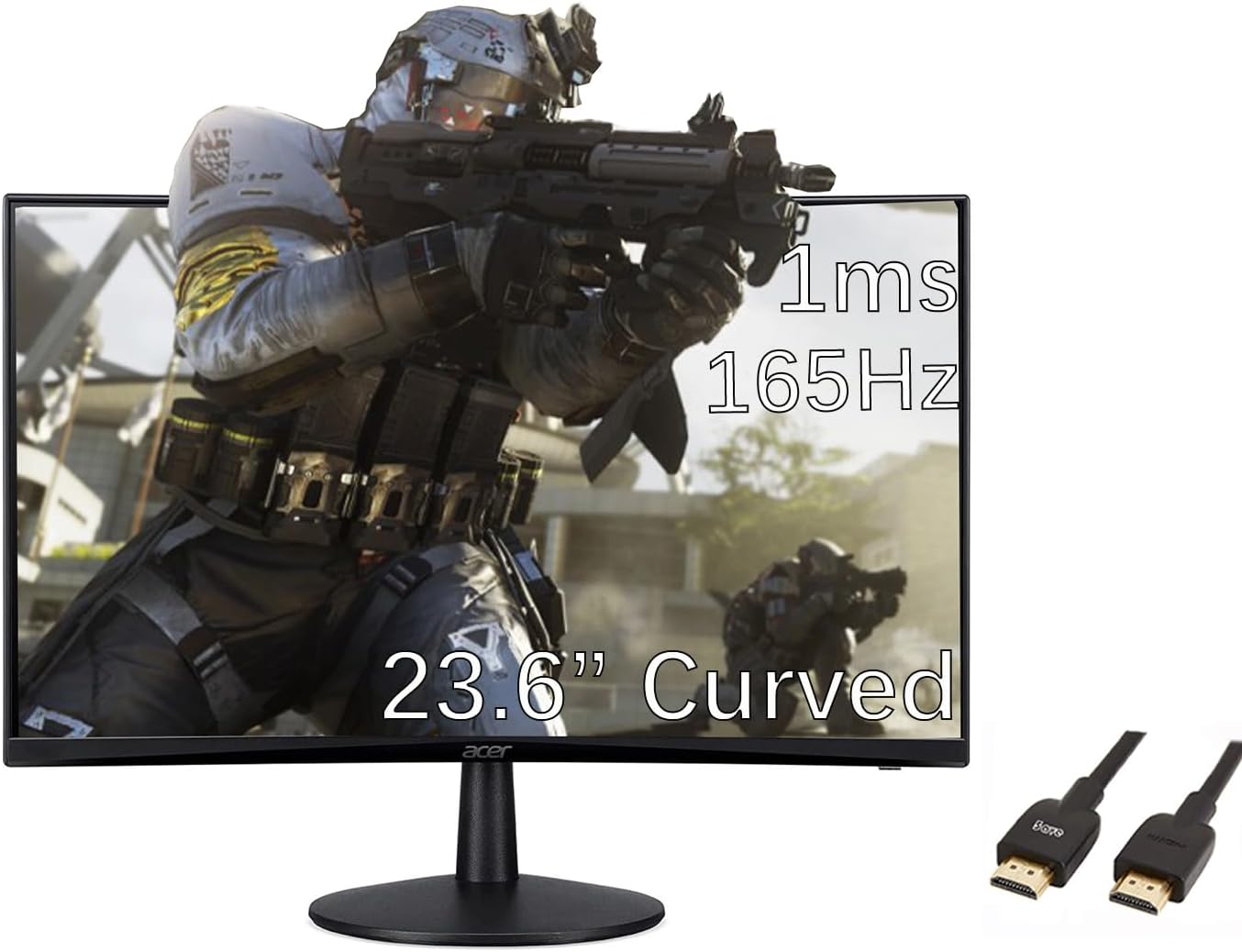 Acer Nitro ED-Series 23.6 FHD 1500R Curved Gaming Monitor, AMD FreeSync Premium, 165Hz Refresh Rate, 1ms (VRB), 1920 x 1080, ZeroFrame Design, Black, with 5ave HDMI Cable