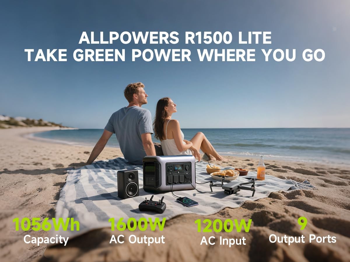 ALLPOWERS R1500 LITE Portable Power Station with SE200 Solar Panel, 1600W 1056Wh LiFePO4 Solar Generator with 200W Panel Included, Solar Power with UPS Function, Fast Charging