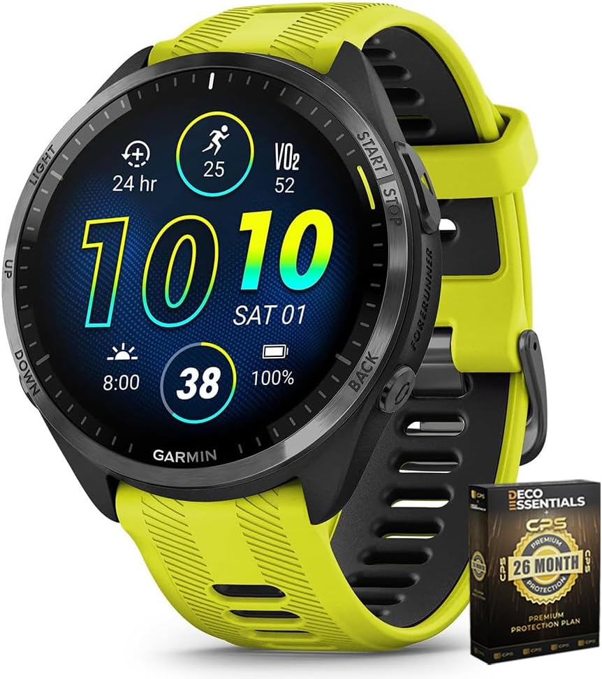Garmin 010-02809-02 Forerunner 965 Running Smartwatch Amp Yellow and Black | Official USA Partner Model | Bundle with Deco Essentials Exclusive 26 Month CPS Enhanced Protection Pack