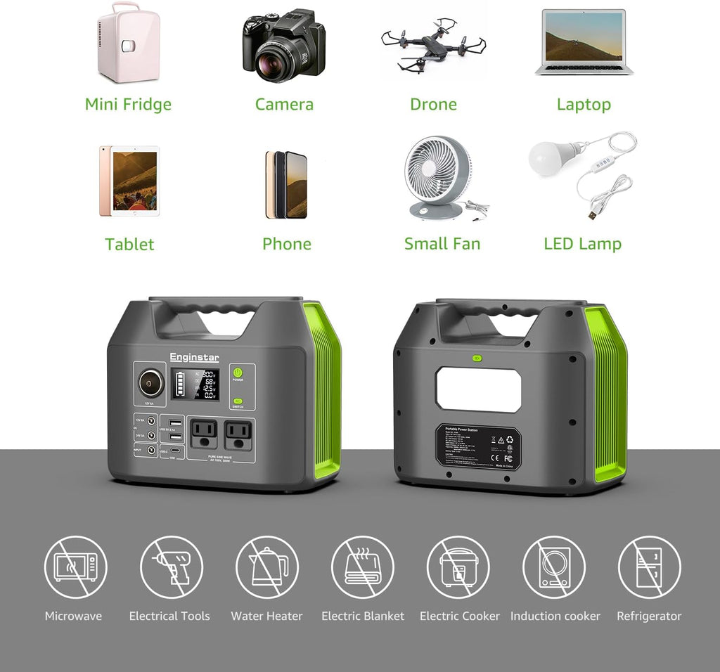 EnginStar Solar Generator, 300W Portable Power Station, 296Wh Lithium Battery Backup w/Two 110V Pure Sine Wave AC Outlet for Camping Road Trip RV, 80000mAh Sufficient Power Supply for Blackout