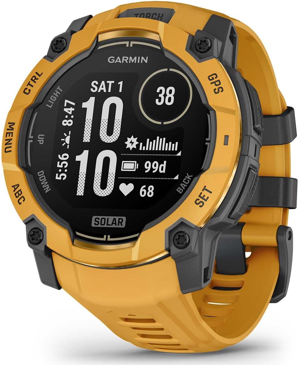PlayBetter Garmin Instinct 3 Alpine Rush Solar (Sunburst/Gray, 45 mm) Outdoor GPS Smartwatch Gift Box Bundle - Built-in Flashlight, 24/7 Health & Wellness Screen Protectors, Wall Adapter & Case