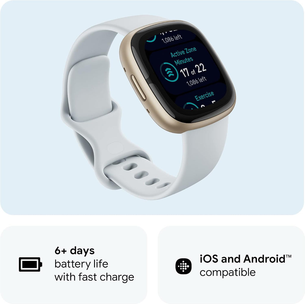 Fitbit Sense 2 Advanced Health and Fitness Smartwatch with Tools to Manage Stress and Sleep, ECG App, SpO2, 24/7 Heart Rate and GPS, Blue Mist/Pale Gold, One Size (S & L Bands Included)