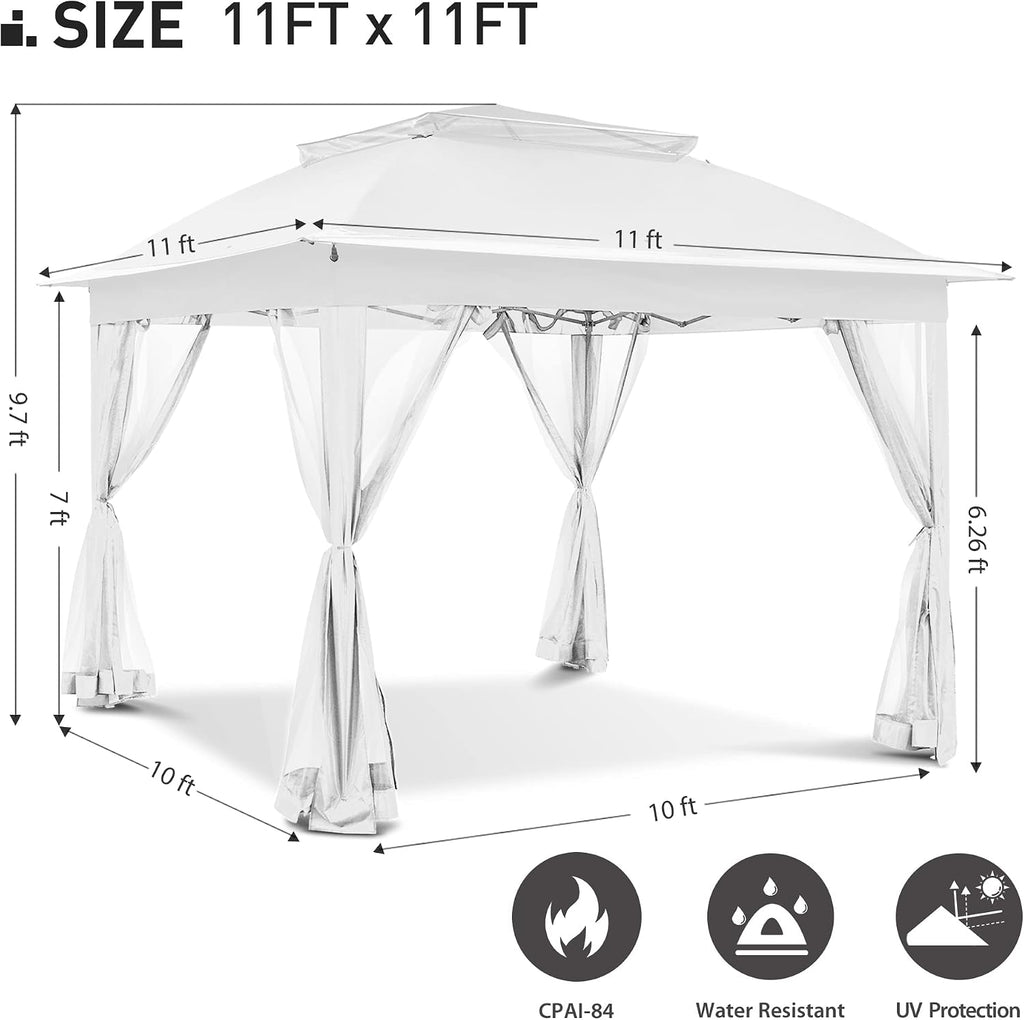 Joyside 11'x11' Pop Up Gazebo for Patios Gazebo Canopy Tent with Sidewalls Outdoor Gazebo with Mosquito Netting Pop Up Canopy Shelter Wedding Tent (White)