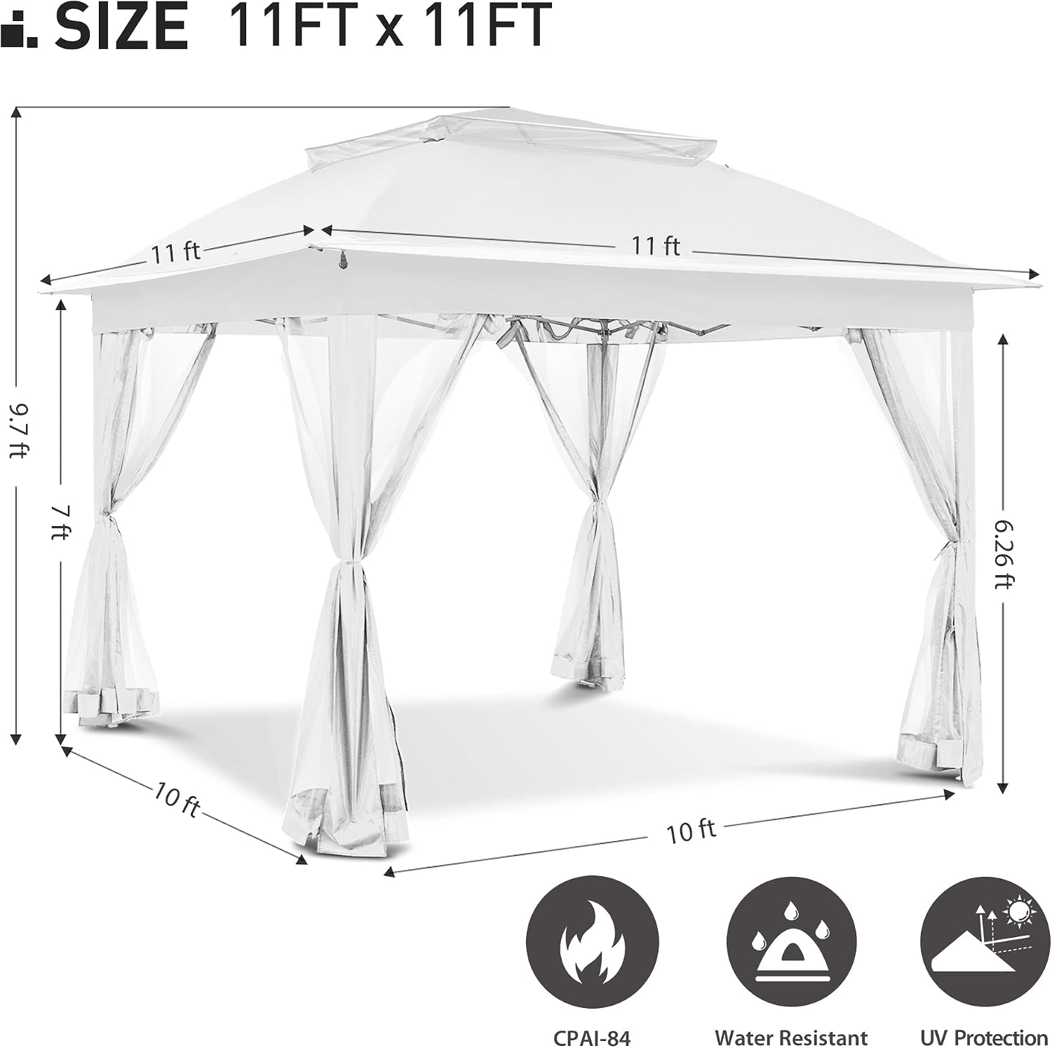 Joyside 11'x11' Pop Up Gazebo for Patios Gazebo Canopy Tent with Sidewalls Outdoor Gazebo with Mosquito Netting Pop Up Canopy Shelter Wedding Tent (White)