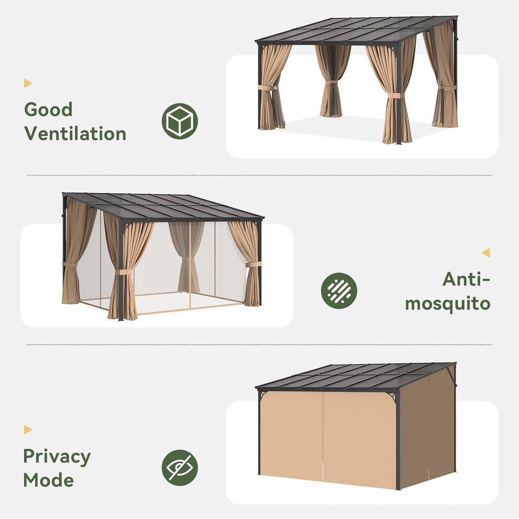 Aoxun 10'x12' Lean to Gazebo with Mosquito Net and Curtains, Aluminum Frame, Polycarbonate Panel, Wall Mounted Pergola with Sloped Roof for Backyard, Porch, Deck