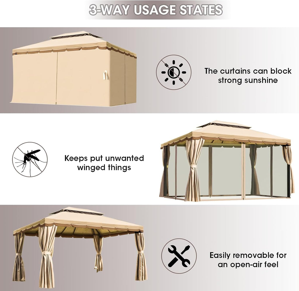Generic 10'x13' Outdoor Patio Gazebo,Heavy Duty Party Tent & Shelter with Double Roofs, Mosquito Nettings and Curtains for Backyard, Patio, Deck, Parties, Garden, Lawn Beige