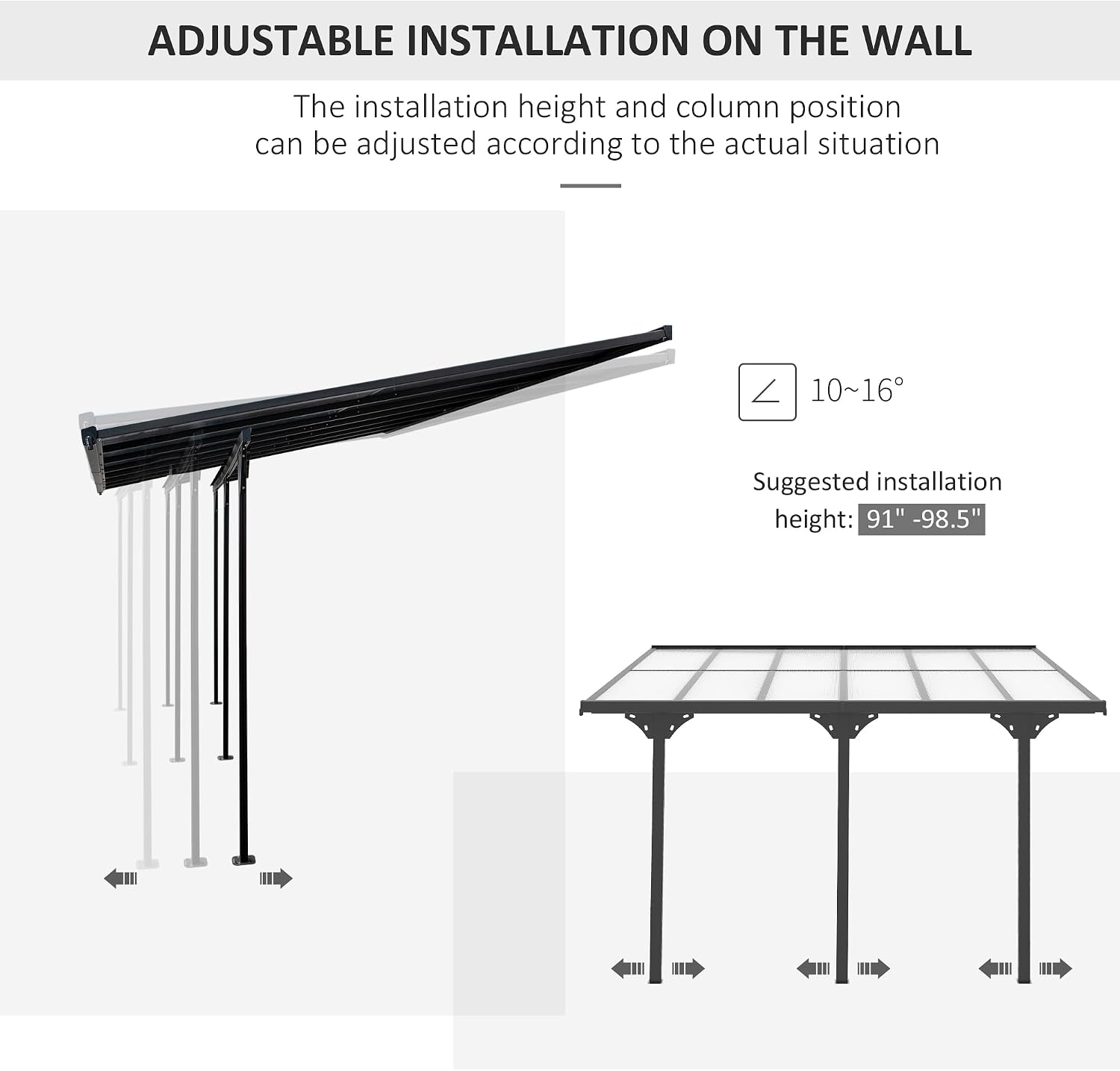 Outsunny 12' x 10' Outdoor Polycarbonate Pergola, Transparent UV Blocking Awning, Hardtop Deck Gazebo with Adjustable Posts and Height, Aluminum, Gray