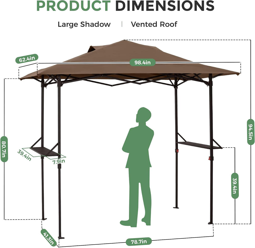 8×5 FT Pop Up Grill Gazebo, Outdoor Grill Canopy with Vented Roof & Side Shelves, Large Portable Canopy for Outdoor Barbecue, Backyard, Patio, Easy Set up, Brown