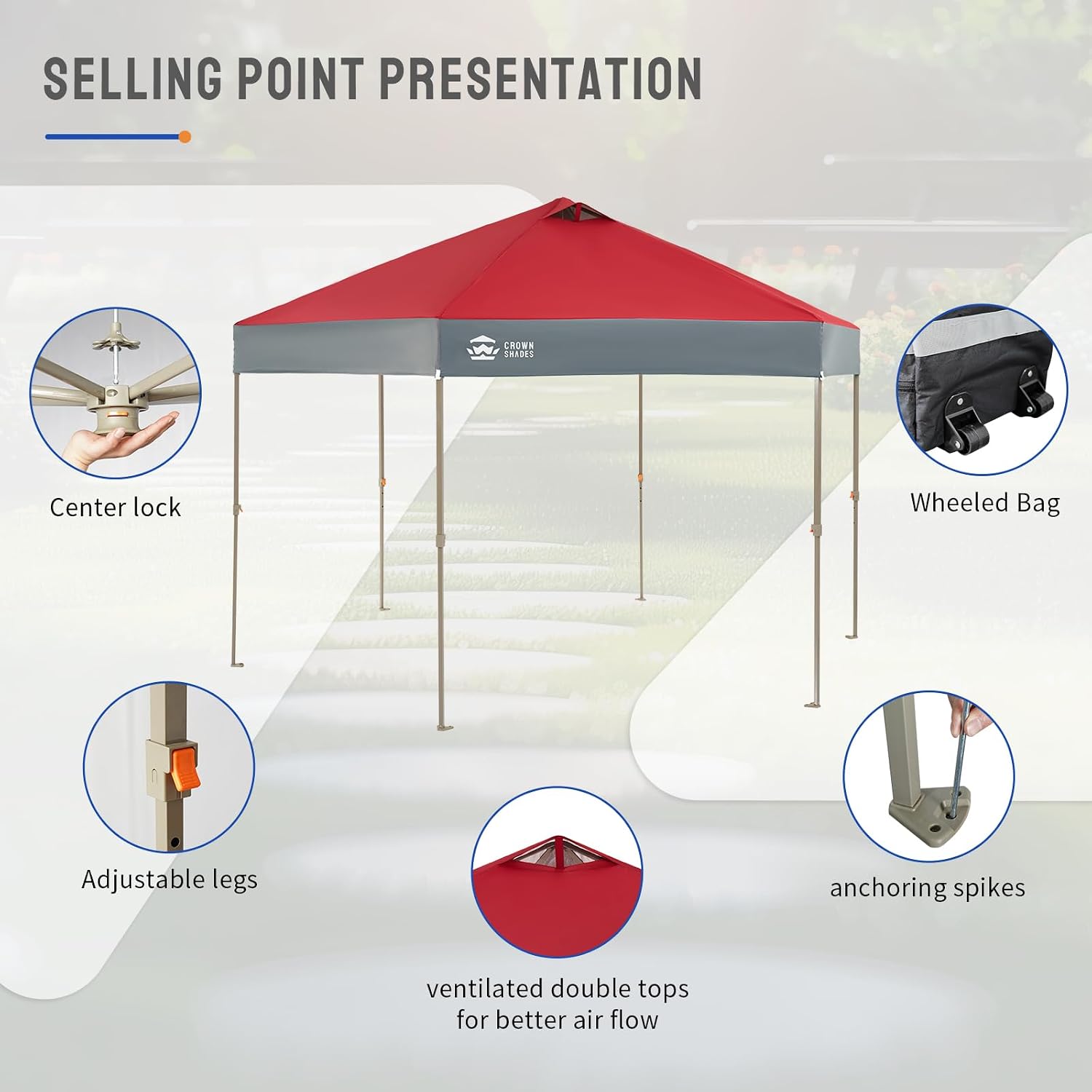 CROWN SHADES 14x14 Pop up Gazebo, Patented Center Lock 6-Sided Portable Gazebo, Easy Set Up, 300D Silver-Coated Fabric UV Resistant, Pop Up Canopy Tent for Patio, Party, Outdoor Activities, Red&Grey