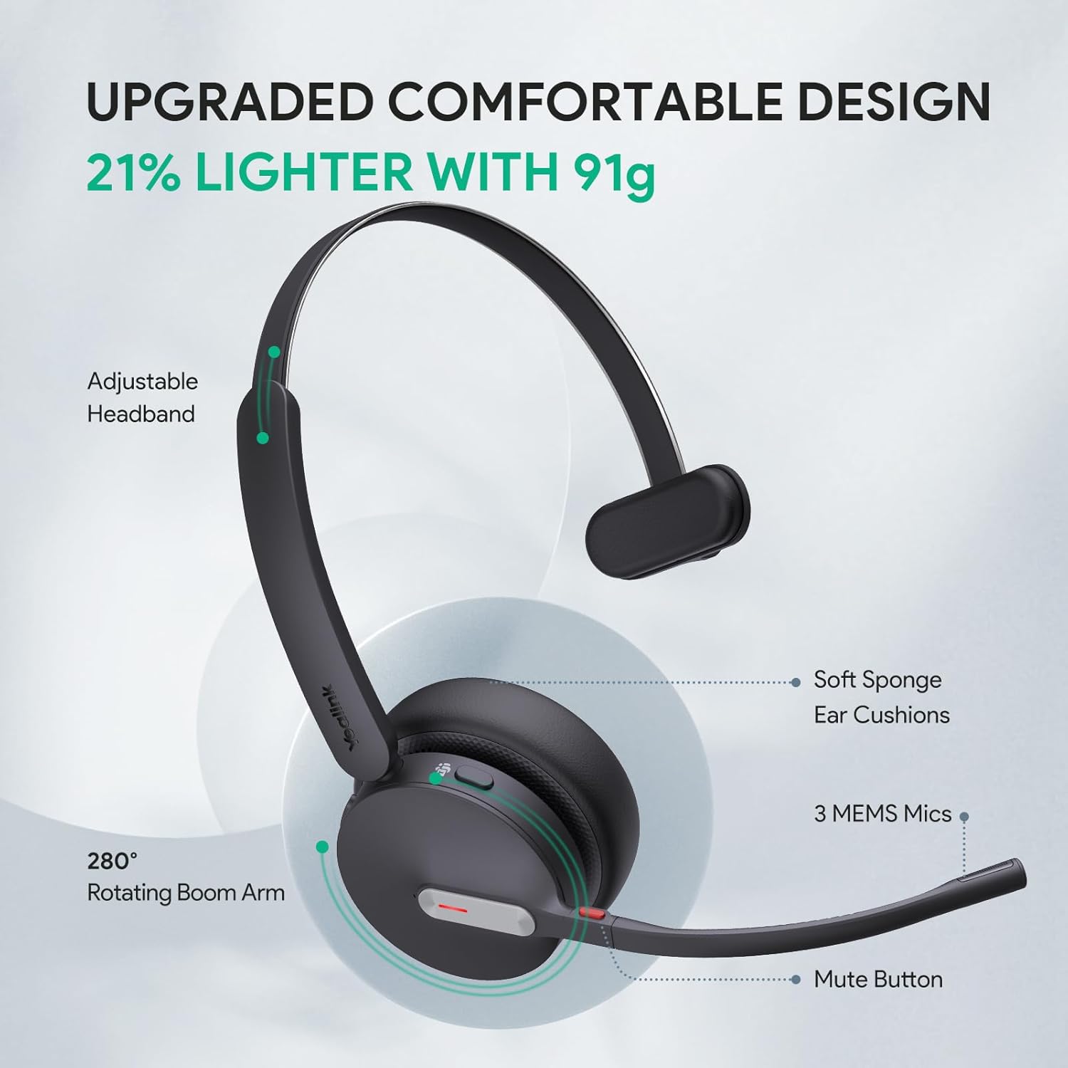 Yealink BH70 Mono Wireless Bluetooth Headset with Microphone for Work, up to 35h Talking, Native Bluetooth via Microsoft Teams Certified, Compatible with Cisco Webex & Jabber, Zoom, Google Meeting