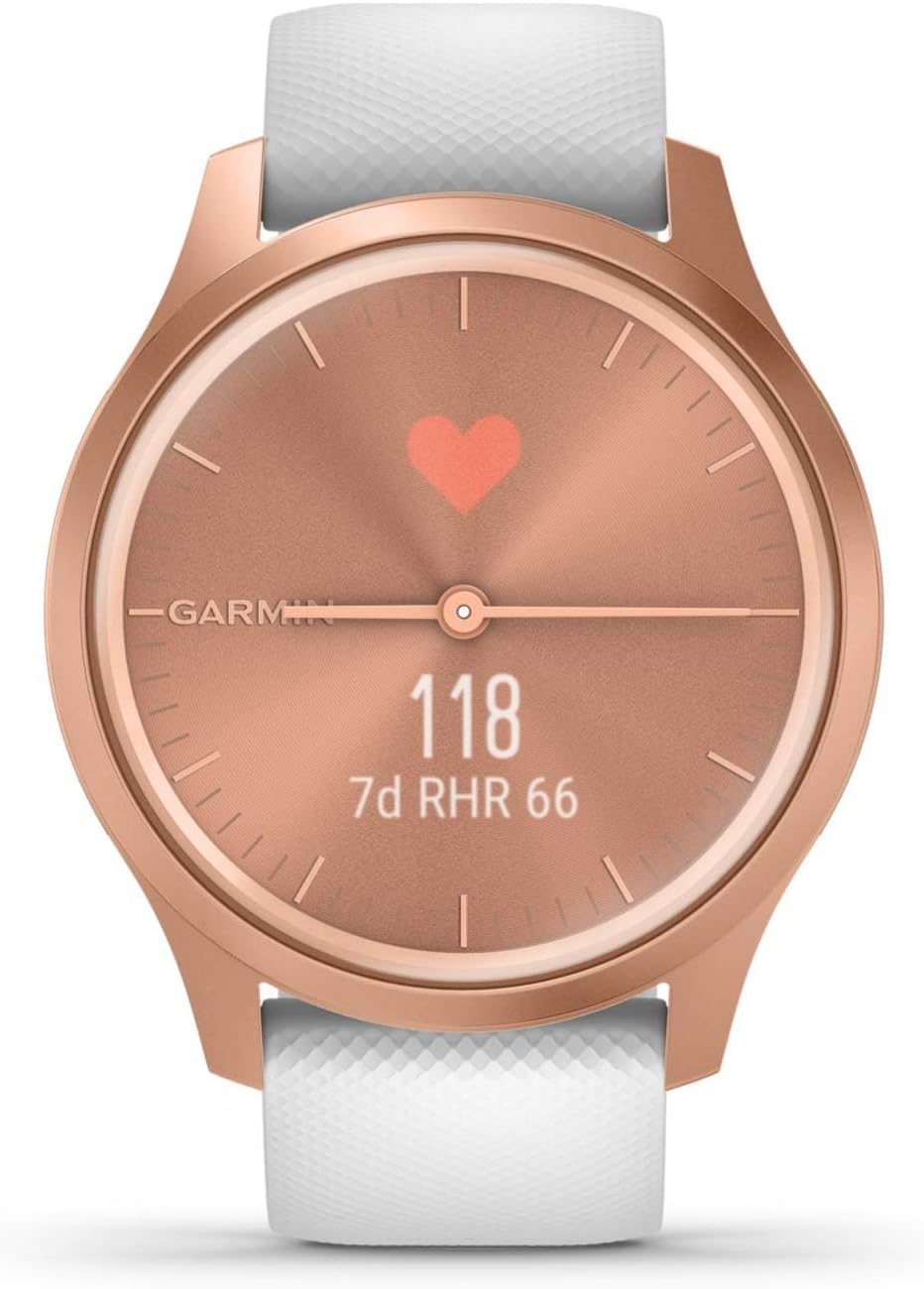 Garmin vivomove Style, Hybrid Smartwatch with Real Watch Hands and Hidden Color Touchscreen Displays, Rose Gold with White Silicone Band (Renewed)