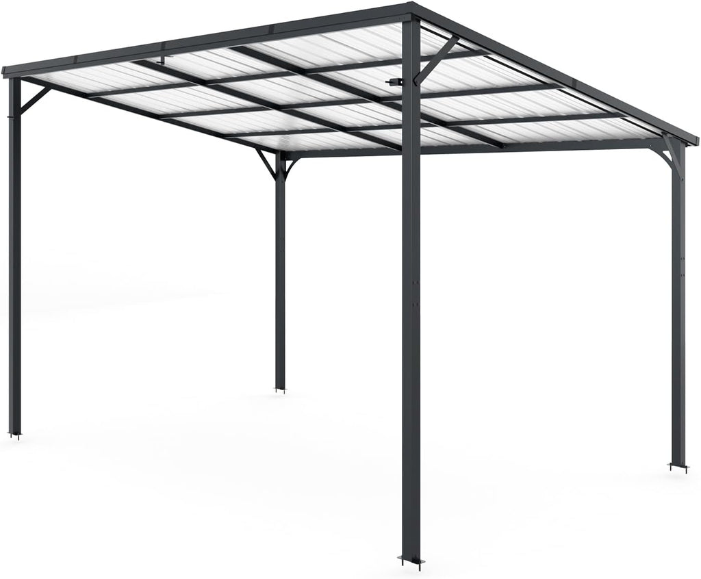 Patio Lean to Gazebo with Galvanized Steel Roof, 12x8 FT Outdoor Metal Wall-Mounted Pergola for Garden, Lawn, Poolside, Backyard Deck