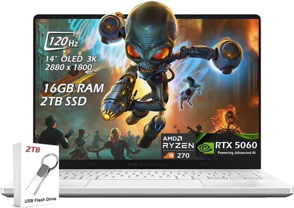 ASUS ROG Zephyrus G14 14' OLED 3K 120Hz Gaming Laptop - AMD Ryzen 9 270 - GeForce RTX 5060 - Wi-Fi7 Bluetooth BacklitKB Win11 (16GB RAM | 2TB PCIe SSD) - Platinum White - w/2TB USB Drive - W/GaLiMu