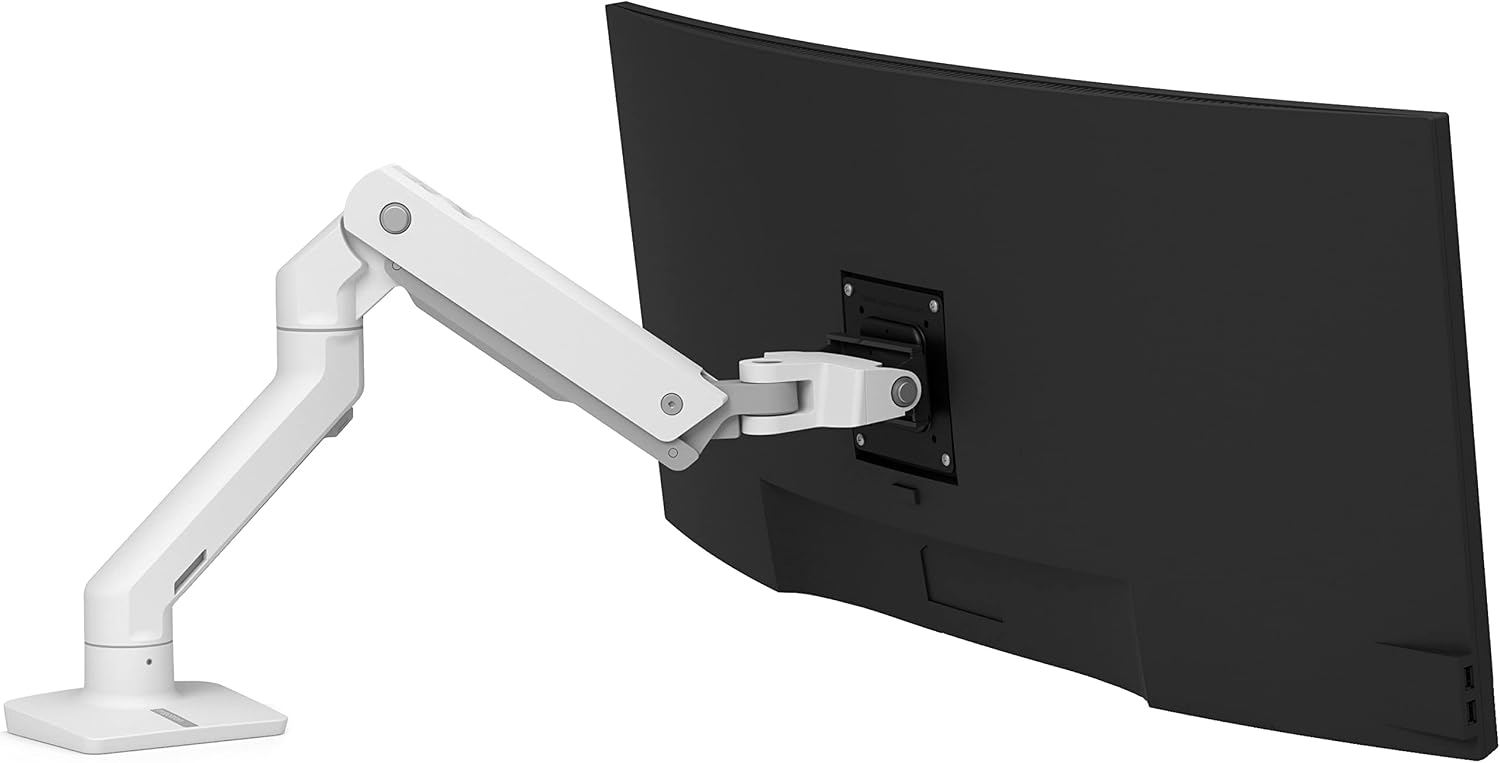Ergotron – HX Premium Heavy Duty Monitor Arm, Single Monitor VESA Desk Mount – for Flat or Slight Curved Ultrawide Monitors Up to 49 inches, 20 to 42 lbs – Standard Pivot, White