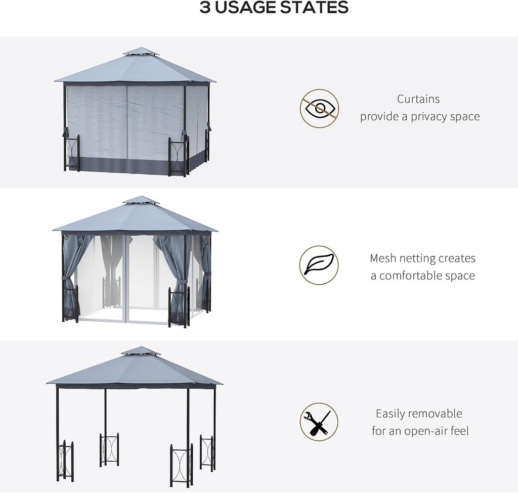 Outsunny 11' x 13' Patio Gazebo, Double Roof Outdoor Gazebo Canopy Shelter with Netting & Curtains, Steel Corner Columns for Garden, Lawn, Backyard and Deck, Gray