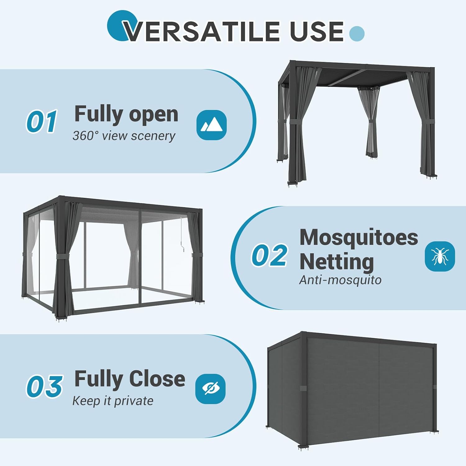 LVUYOYO Louvered Pergola 10' x 12', Outdoor Pergola with Adjustable Roof, Patio Aluminum Frame Metal Gazebo with Curtains and Netting for Patio, Backyard, Garden, Deck (Black)