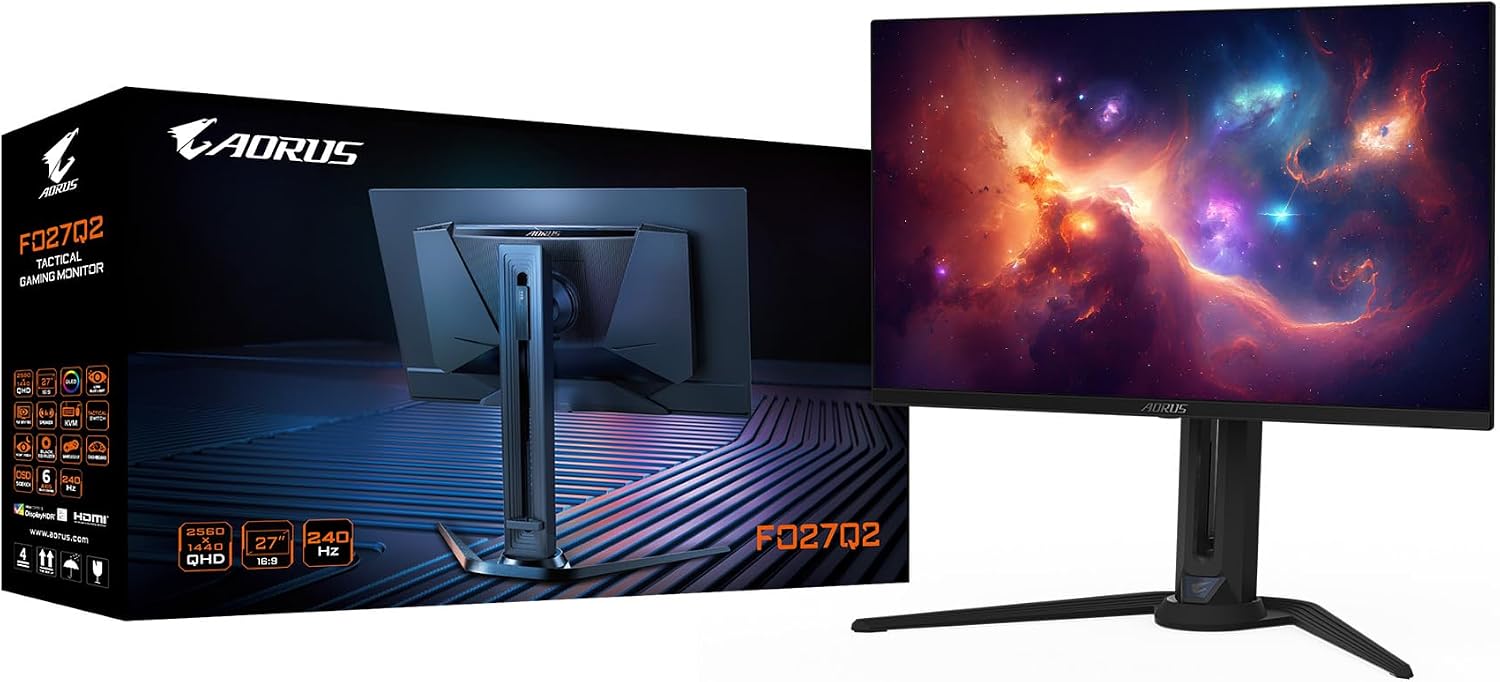GIGABYTE - AORUS FO27Q2 (SA) - 27' QD-OLED Gaming Monitor - QHD 2560x1440-240Hz - 0.03ms GTG - AMD FreeSync Premium Pro - Type C KVM - HDMI, DP, Type C - Height Adjustable - Black