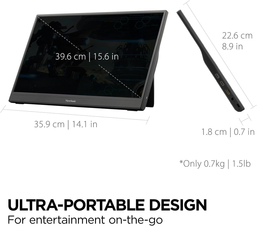 ViewSonic VX1654 16 Inch 1080p Portable Gaming Monitor, IPS Display with 144Hz for Smooth Mobile Workspaces and Fast-Action Gaming, Built-in Stand, 60W USB-C, and Mini HDMI Inputs
