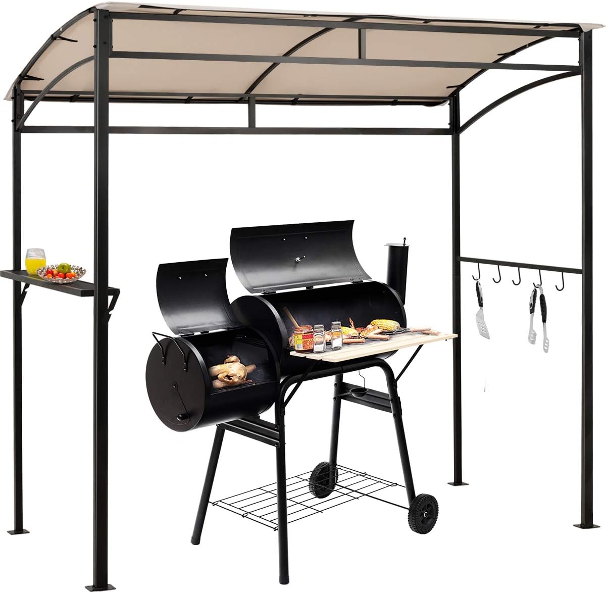 LDAILY Grill Gazebo, 7x4.4ft BBQ Canopy Shelter with Storage Shelf and Hooks, Heavy-Duty Steel Frame, Grill Pergola with Bottle Opener Notch, Small Gazebo for Backyard, Patio, Garden (Beige)