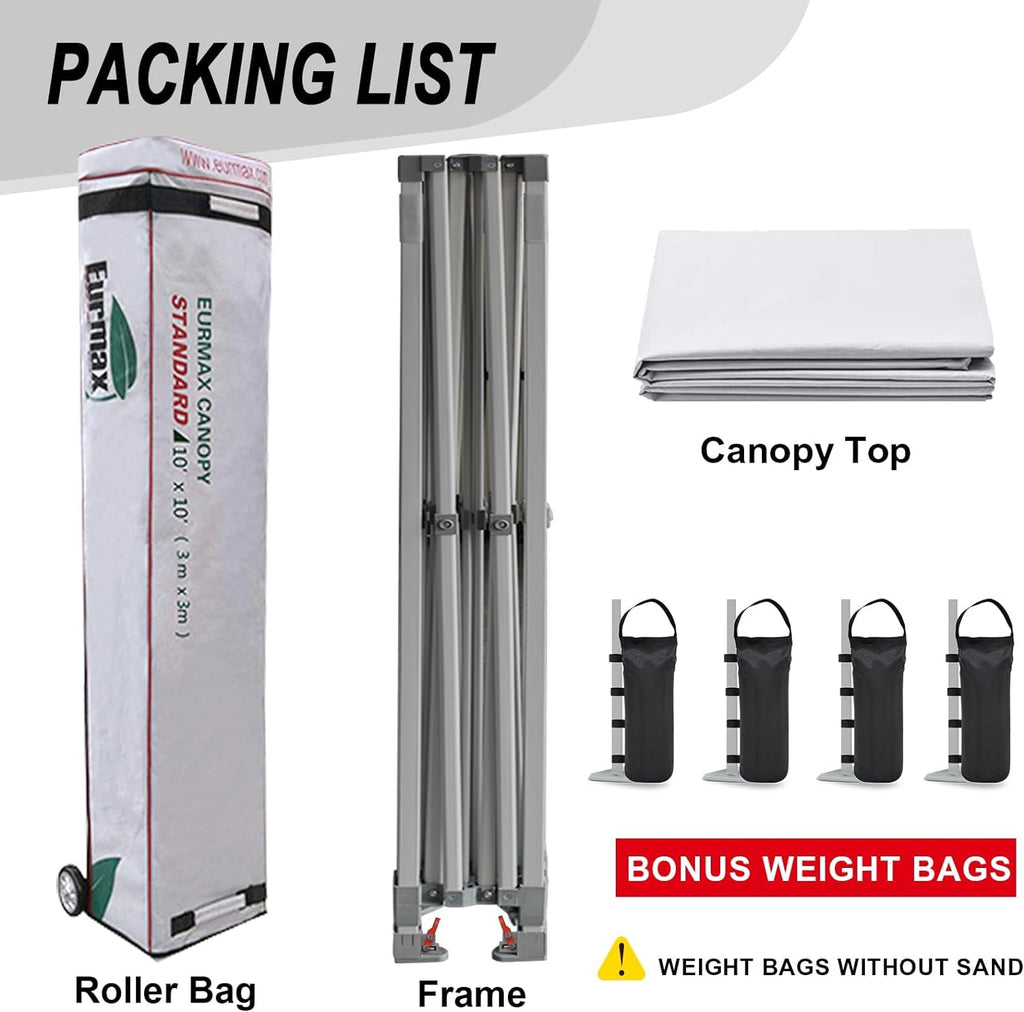 Eurmax USA 10x10ft Pop Up Canopy,Commercial Instant Tent for Outdoor Events,Patented No-Tip Rolling Storage Bag with 4 Sandbags,UV & Water Resistant,Heavy Duty Portable Shelter Gazebo,White