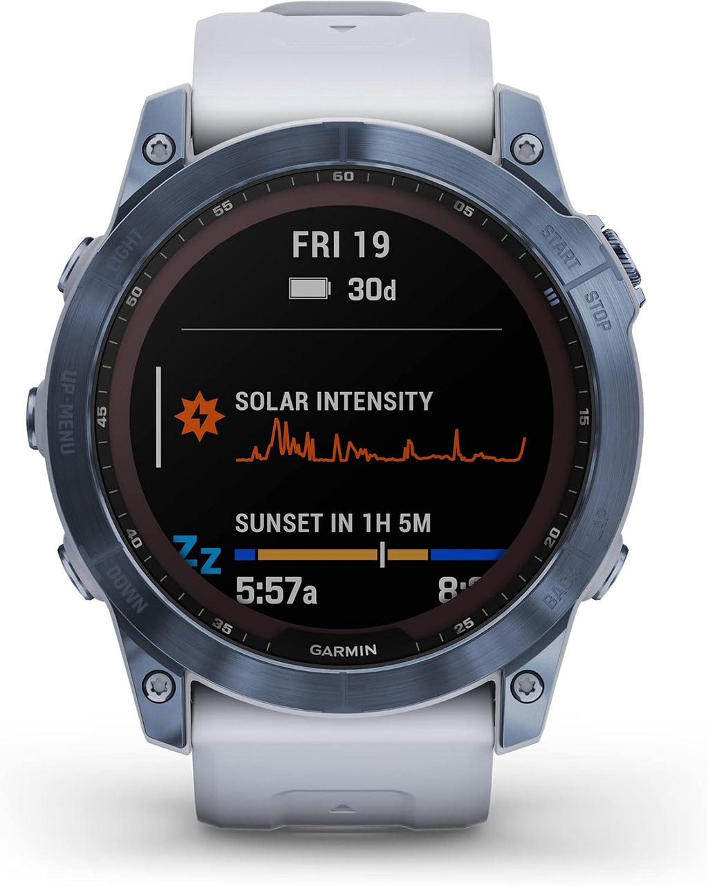 Garmin Fenix 7X Sapphire Solar, Adventure Smartwatch, w/Solar Charging Capabilities, Rugged Outdoor GPS Watch, Touchscreen, Wellness Features, Mineral Blue Titanium w/Whitestone Band (Renewed)