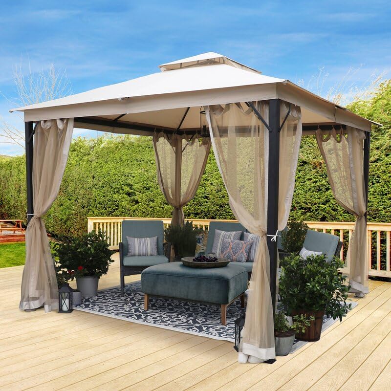 Patio Gazebo 10x10, Outdoor Gazebos, Heavy Duty Gazebo Soft Top Gazebos, Double Roofs Anti-UV Shelter with Privacy Netting for Patio Deck Backyard Garden Lawns