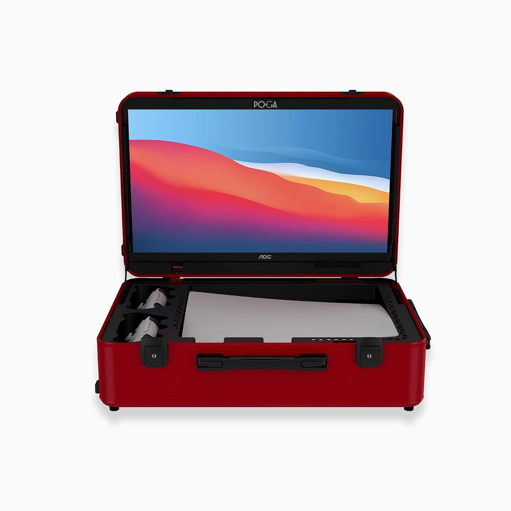 POGA LUX Compatible with PlayStation 5 Premium Portable Console Travel Case incl. Trolley and 24'' AOC Gaming Monitor - (V3 - Bluetooth Speaker Optional) Red