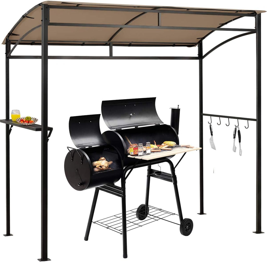 LDAILY Grill Gazebo, 7x4.4ft BBQ Canopy Shelter with Storage Shelf and Hooks, Heavy-Duty Steel Frame, Grill Pergola with Bottle Opener Notch, Small Gazebo for Backyard, Patio, Garden (Brown)