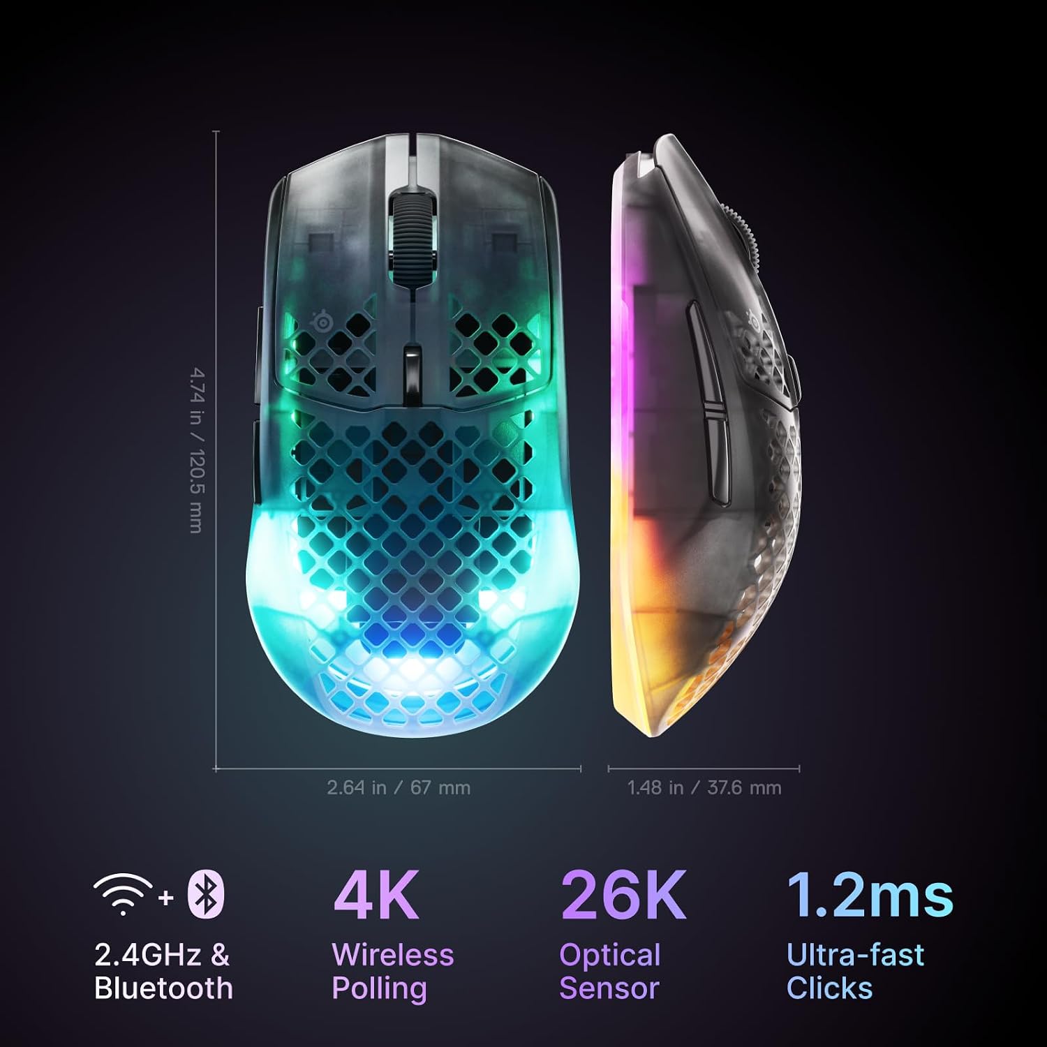 SteelSeries Aerox 3 Wireless Gen 2 - Super-Light 68g Gaming Mouse, 4K Polling, 26K DPI Optical Sensor, 200 Hour Battery, IP54 Water Resistant, 80m Click Durability, RGB, 100% PTFE Feet - Shadow