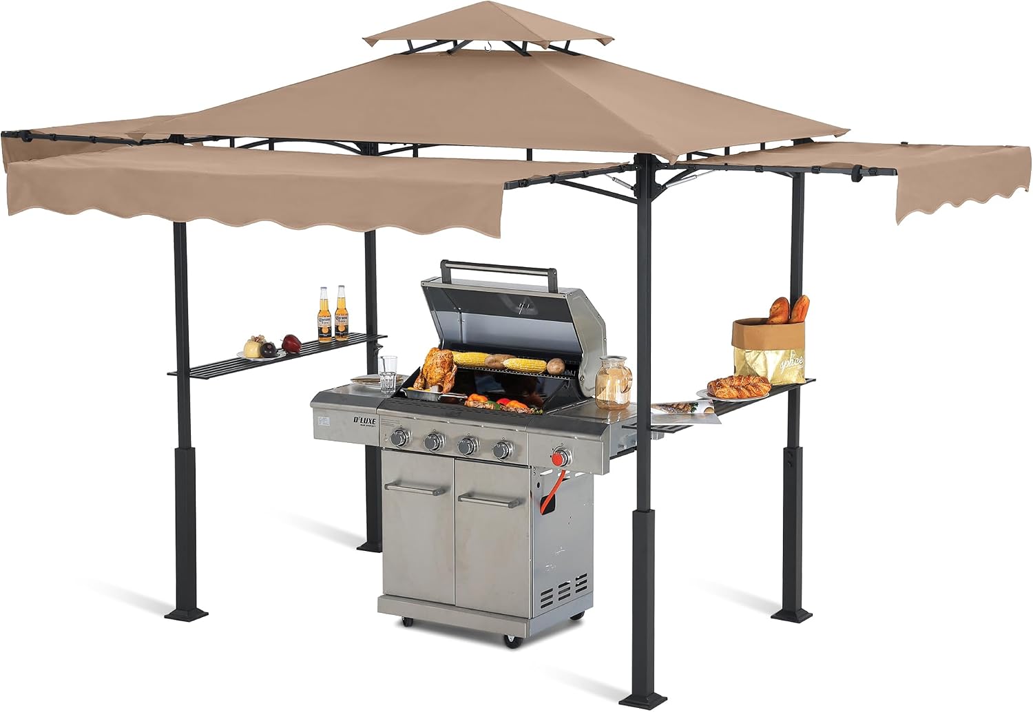 ABCCANOPY Grill Gazebo with 3 Side Awnings - 14x5 Outdoor BBQ Canopy Shelter with 2 Led Lights for Patio Backyard Grilling (Khaki)