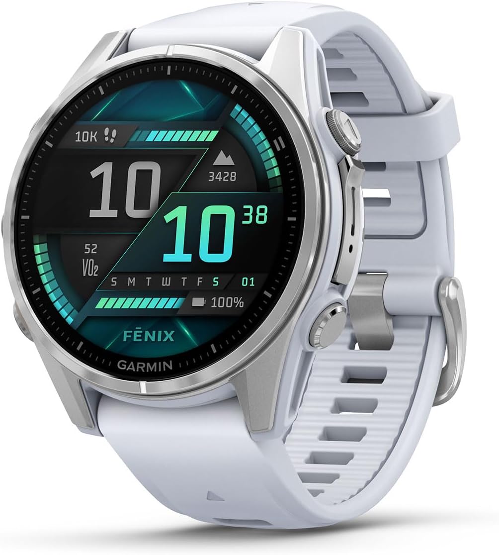 Garmin Fenix 8 AMOLED (43mm, Silver/Whitestone) Multisport GPS Smartwatch Gift Box Bundle - 1.3' Touchscreen, Built-in LED Flashlight Charger, Screens, Adapter, Case