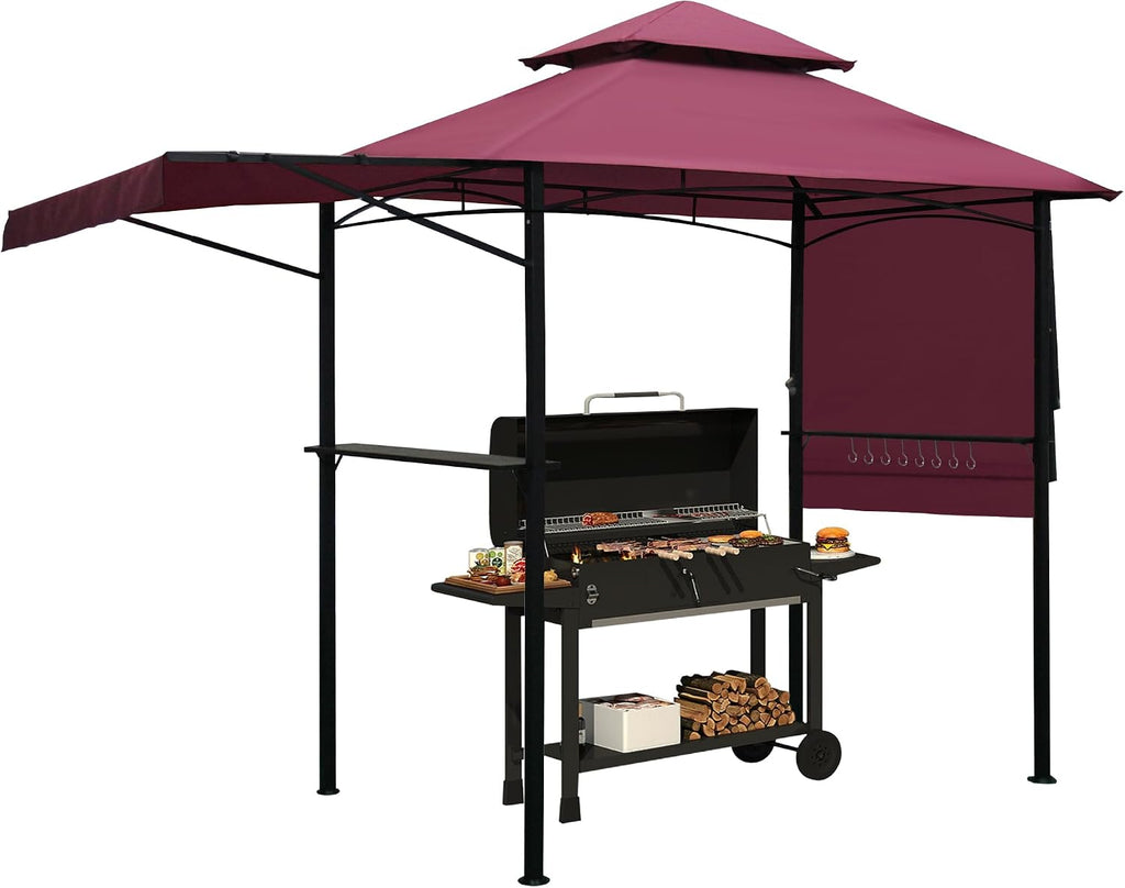 14 x 5Ft Grill Gazebo Outdoor BBQ Gazebo Canopy with Dual Side Awnings Double Tiered Grill Canopy for Patio, Garden, Beach (Red)
